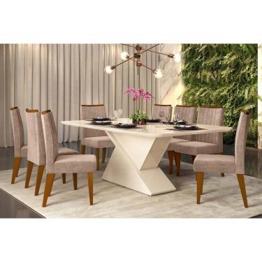 Imagem de Sala de Jantar Completa Zafira Tampo Madeirado c/ Vidro Canto Curvo 200x100cm e 8 Cadeiras Ísis Ipê/Off White/Kraft - DJ Móveis