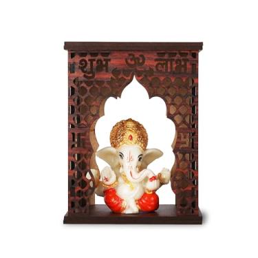 Imagem de 4OUR FAITH Pequeno templo de madeira com ídolo Ganesh acrílico – Mandir para painel de carro, escritório e decoração de quarto Puja – Estátua Ganesha de 12 cm – Ideal para presentear – Pacote com 1