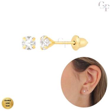 Imagem de Brinco Ouro 10k 416 Zircônia Branca 3mm Recém Nascido Infantil e Adult