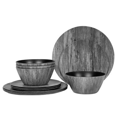 Imagem de Conjunto de louça de melamina de grão de madeira – Pratos e tigelas rústicas de 12 peças, pratos resistentes para uso interno e externo, resistente à quebra, pode ser lavado na lava-louças