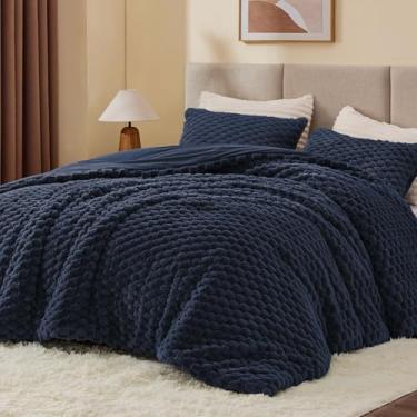 Imagem de BEDELITE Conjunto de edredom fofo de lã azul marinho macio para cama de casal, conjunto de cama quente de luxo para o inverno, conjunto de cama felpuda 3 peças (1 edredom, 2 fronhas)