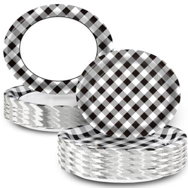 Imagem de EggSun Pratos de papel ovais de guingão preto, 25,4 x 30,5 cm, grandes descartáveis e resistentes, pratos de papel xadrez xadrez preto e branco para aniversário, casamento, chá de bebê, suprimentos
