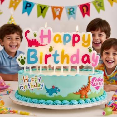 Imagem de Vela de aniversário com tema de dinossauro, topo único, placa festiva de feliz aniversário, topo de bolo de dinossauro para aniversários, festas e aventuras (rosa)