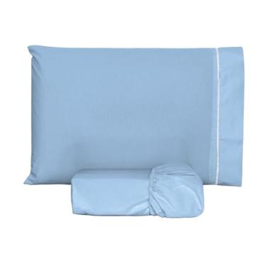 Imagem de Jogo de lençol 100% algodão 200 fios com fronha ponto palito diversos tamanhos (solteiro, casal, queen, king size) (Azul, Solteiro)
