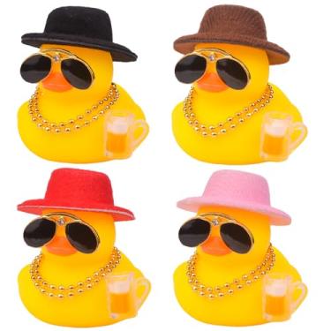 Imagem de CoFuBcad 4 peças engraçadas de decoração de painel de patos de borracha, acessórios peculiares de decoração de carro com colar de chapéu, óculos de sol, adereço legal, ornamento de carro de escritório