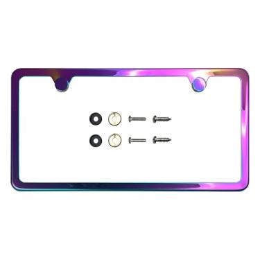 Imagem de T304 Moldura de placa de licença fina de aço inoxidável com dois furos – Acabamento polido espelhado 8K, resistente à ferrugem, design fino, ajuste universal, inclui tampas de parafuso, arruelas e