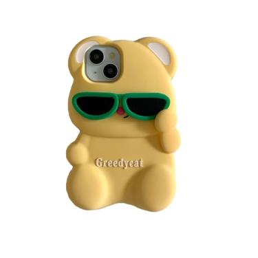 Imagem de Capa de urso 3D, desenho animado fofo kawaii adorável personagem urso usando óculos de sol forma crianças adolescentes meninas mulheres capa de silicone macio para iPhone 14 Pro Max/15 Pro Max 6,7