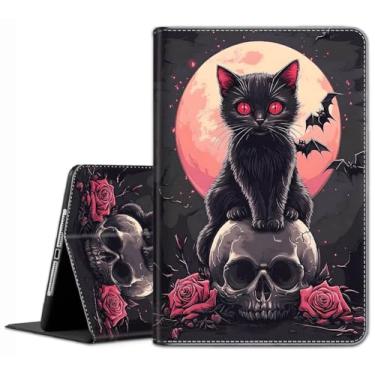 Imagem de Capa para iPad Air 11 polegadas M2 2024, iPad Air 6ª/5ª/4ª geração (2024/2022/2020) 10,9 polegadas - Capa fina com hibernar/despertar automático, caveira de gato preto assustador de Halloween