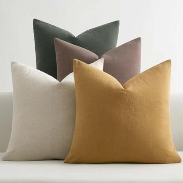 Imagem de JUSPURBET Capas de almofada de linho 50 x 50 conjunto de 4 fronhas decorativas para sofá cama capas de almofada macias com zíper oculto para decoração de sala de estar, verde exército, marrom
