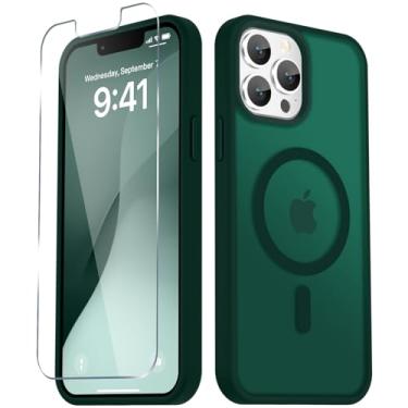 Imagem de YENAPOON Capa para iPhone 13 Pro, capa magnética fosca [com 1 protetor de tela] [suporte para MagSafe] [proteção de grau militar à prova de choque] Traseira fosca translúcida, verde escuro