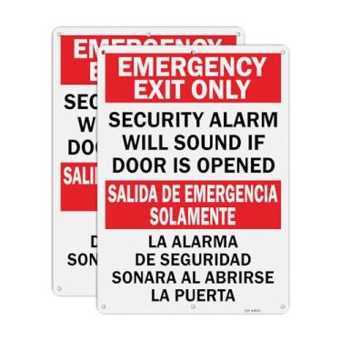 Imagem de T&R Alarme de segurança bilíngue com sinal de saída de emergência grande soará se a porta for aberta – Pacote com 2 – 35,5 x 25,4 cm, livre de ferrugem, refletor de alumínio 040 – Proteção UV