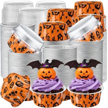 Imagem de Gandeer Pacote com 400 forros de cupcake de folha de alumínio com tampas, copo redondo de 142 g para festa de casamento, ramekin de torta descartável, recipiente para mini formas de bolo (laranja e