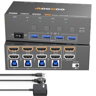 Imagem de Interruptor KVM de monitor duplo, 4 peças, simulação EDID, HDMI USB 3.0, monitor estendido, 2 monitores, 2 computadores com adaptador de energia e cabos USB 3.0, controle com fio