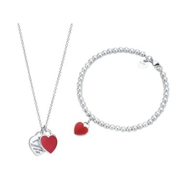 Imagem de Conjunto Tiffany Colar e pulseira de Prata 925 com Dois Pingentes de Coração Vermelho + Saquinho de Veludo