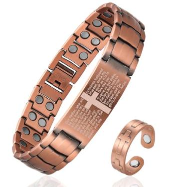 Imagem de Fashtour Pulseira de cruz de cobre para homens - Conjunto de joias com cruz magnética ultra forte - Pulseira magnética ajustável com caixa de joias de ferramenta de dimensionamento (cobre)