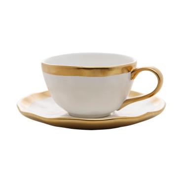 Imagem de Xícara P/Chá C/Pires de Porcelana Branco/Dourado Dubai 200ml Wolff