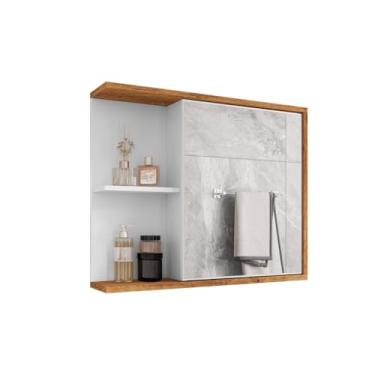 Imagem de Armário de Banheiro Aéreo com Espelho, Espelheira com Prateleira Removível para Organização(Branco/Ipê)