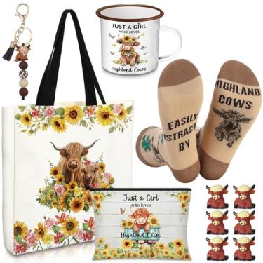 Imagem de Yeyeplum O conjunto de cestas de presentes de aniversário para mulheres Highland Cow Lover inclui sacola de lona, bolsa de maquiagem, meias, chaveiro, caneca esmaltada, estatuetas pequenas para mãe