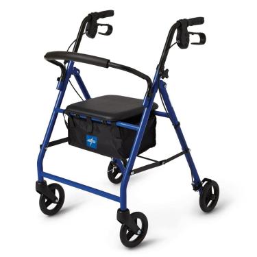 Imagem de Andador de Alumínio Dobrável para Idosos com Assento, Capacidade de 113 kg, Medline, Azul