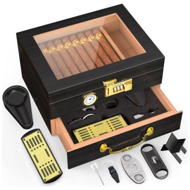 Imagem de Umidor de Charutos TRBIHCX com Trava de Senha, Gaveta para Acessórios e Conjunto Completo de Acessórios - Comporta 20-50 Charutos