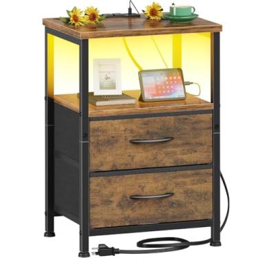 Imagem de Criado mudo com portas USB 110V Mesa de cabeceira mesa lateral com estação de carregamento Mesa(Marrom)