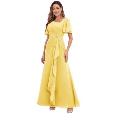 Imagem de Vestido PRESEOSSA Mãe da Noiva, Chiffon Amarelo, Tamanho 14