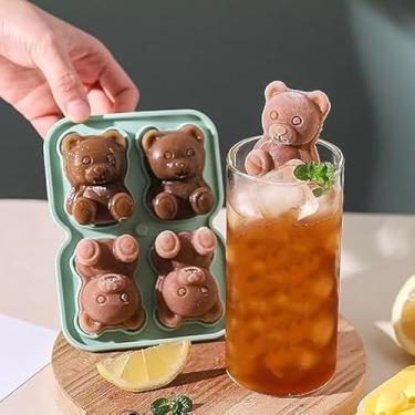Imagem de Molde de cubo de gelo de urso com tampa, ferramenta de silicone para fazer gelo, caixa de gelo com 4 grades, máquina de gelo com design de urso
