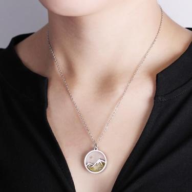 Imagem de Colar com pingente de semente de mostarda para homens e mulheres - Colar de fé religiosa de pedra natural banhado a platina design de montanha redonda para BFF Joias religiosas YA5071, adjustable, Aço