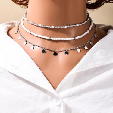 Imagem de Colar gargantilha Boho com contas em várias camadas para mulheres, colar de estrela, moeda, colar, Medium, Latão, Sem Pedra Preciosa