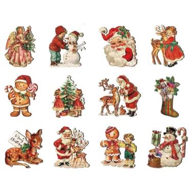 Imagem de Conjunto de 12 peças – Decorações para pendurar com Papai Noel, boneco de neve, anjo e motivos de férias retrô, ornamento plano 2D
