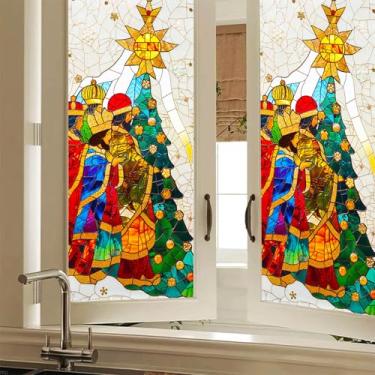 Imagem de HOMETITUTE Película vertical de Natal para janela de três homens sábios estrela de presépio vitrais decorativos para janela de privacidade para casa, igreja, sala de estar, escritório, 43 x 100 cm