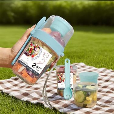 Imagem de Copo de salada de 2 camadas com colher e recipiente de molho de 765 g Recipiente portátil para café da manhã com tampas e garfo para piquenique de viagem
