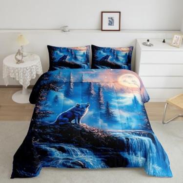 Imagem de Feelyou Conjunto de edredom solteiro com lobo, lobos, uivando, para meninos, meninas, adolescentes, animais, lobos, montanha, lua, lobo, quarto, azul, preto, conjunto de colcha