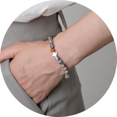 Imagem de Pulseira de contas para homens e mulheres, pulseira elástica com detalhes cruzados, contas empilháveis, joias unissex para uso diário, 19.5cm, Miçanga, Sem Pedra Preciosa