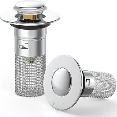 Imagem de 2 peças de rolha de ralo de pia, tampão de pia de banheiro, coador de ralo de pia pop-up com cesta de filtro, coletor de cabelo, ralos de chuveiro, coletor de cabelo, substituição de rolha de ralos de