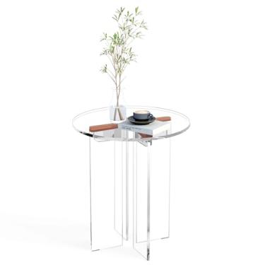 Imagem de Klippehop Mesa de centro pequena de acrílico, mesa de canto redonda, mesa de cabeceira minimalista, mesas laterais, sala de estar, quarto, escritório, decoração de casa, marrom transparente