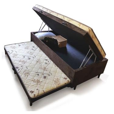 Imagem de Cama Box Baú Solteiro Conjugado Espuma Com Cama Auxiliar Bicama 3 Em 1 Suede Marrom