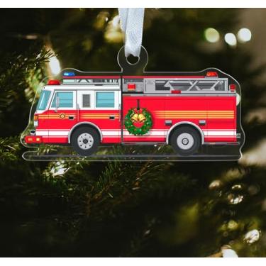 Imagem de Enfeite de Natal de caminhão de bombeiros - Decoração de pendurar em acrílico em forma de bombeiro - Decoração para pendurar na árvore de Natal - Lembrança de Natal