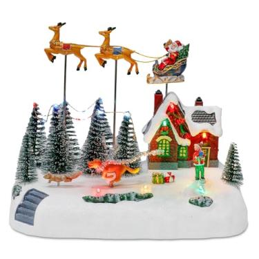 Imagem de innodept12 Vila de Natal animada com trenó e rena do Papai Noel, vila de casa iluminada por LED com estatuetas em movimento, decoração musical de Natal interna, cena de exibição colecionável de férias