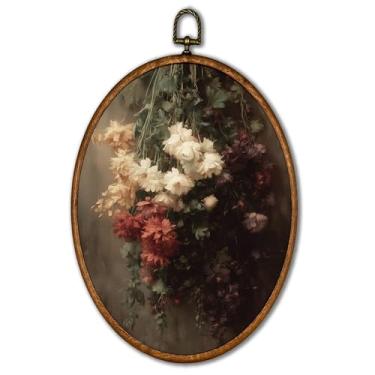 Imagem de KSDUT Decoração de arte de parede de flores retrô - Impressão de arte de parede neutra moderna de meados do século, impressão de arte oval floral vintage Dark Academia para decorações de galerias