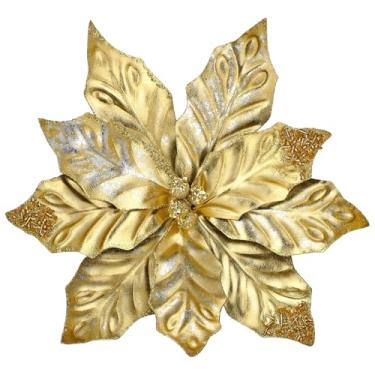 Imagem de DILATATA 3 peças de flores artificiais de Natal 28 cm palhetas de poinsétia com purpurina, enfeites de árvore de Natal, decorações de topo de flores douradas de poinsétias para Natal, guirlanda de ano