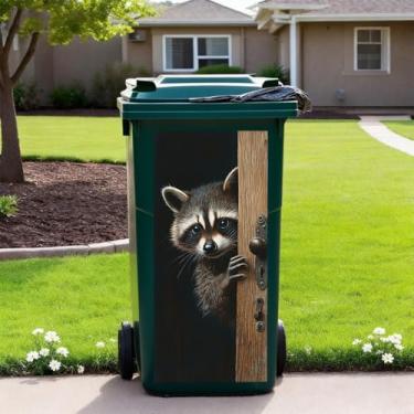 Imagem de Iprokiu Adesivo de parede de animal engraçado guaxinim panda burro com rodas adesivo espiando para lata de lixo interno externo jardim decoração de pátio porta de casa adesivo de parede 82 cm x 14,57