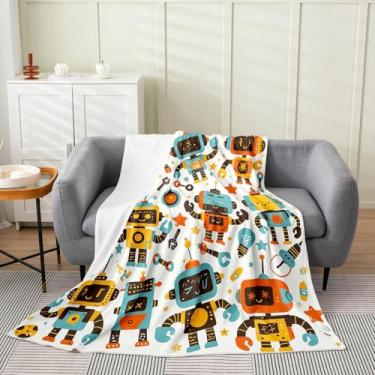 Imagem de Cobertor de lã de robô de desenho animado, cobertor de pelúcia moderno e moderno para crianças adolescentes, decoração de quarto adorável, conjunto de cama estilo infantil, solteiro 152 x 203 cm