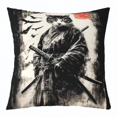 Imagem de jejeloiu Capas de almofada de gato japonês 40,6 x 40,6 cm Samurai Bird Sun Square Conjunto de 1 fronhas japonesas Ukiyoe para meninos e meninas fronhas vintage Bushido para sofá poltrona