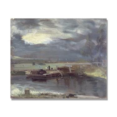 Imagem de NHLDZYH Arte de parede John Constable, (barcaças no rio Stol), pôster de pinturas famosas, decoração de parede com impressão de imagem retrô romantismo. Apenas tela de 60 x 72 cm - 23,6 x 28,3 pol