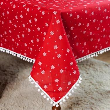 Imagem de SUTAVIA Toalha de mesa de Natal de tecido vermelho, boho, pompom, borla, árvore verde, brilhante, decoração retangular, capa de mesa para mesa de jantar de festa de inverno (neve de Natal, 152 x 213