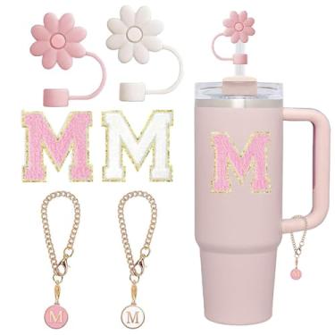 Imagem de 6 peças de acessórios para copos Stanley, tampa de palha de flor de 10 mm/0,4 pol. + pingentes de letras + adesivo de carta de chenille adesivo para Stanley Cup 30 e 1,134 g, topos de palha Stanley de