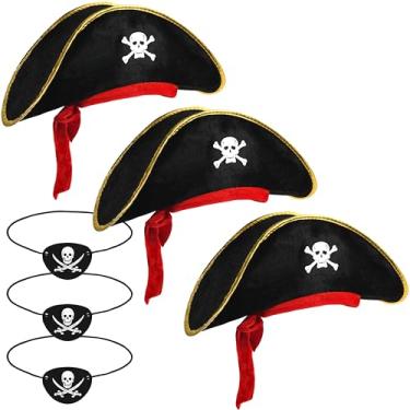 Imagem de Lavwix Conjunto de 6 peças de acessórios de pirata de Halloween, chapéu de pirata de veleto preto com acabamento dourado, acessórios de fantasia para adultos, suprimentos de festa de Halloween para