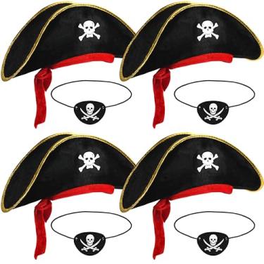 Imagem de Lavwix 8 peças de acessórios de pirata de Halloween, chapéu de pirata de veleto preto com acabamento dourado, conjunto de adesivos de olho elástico, acessórios de fantasia para adultos, artigos de