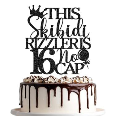 Imagem de Este Skibidi Rizzler é topo de bolo 16 sem tampa, topo de bolo de feliz aniversário de 16 anos, Hello 16, suprimentos de decoração de festa de 16 anos, glitter preto
